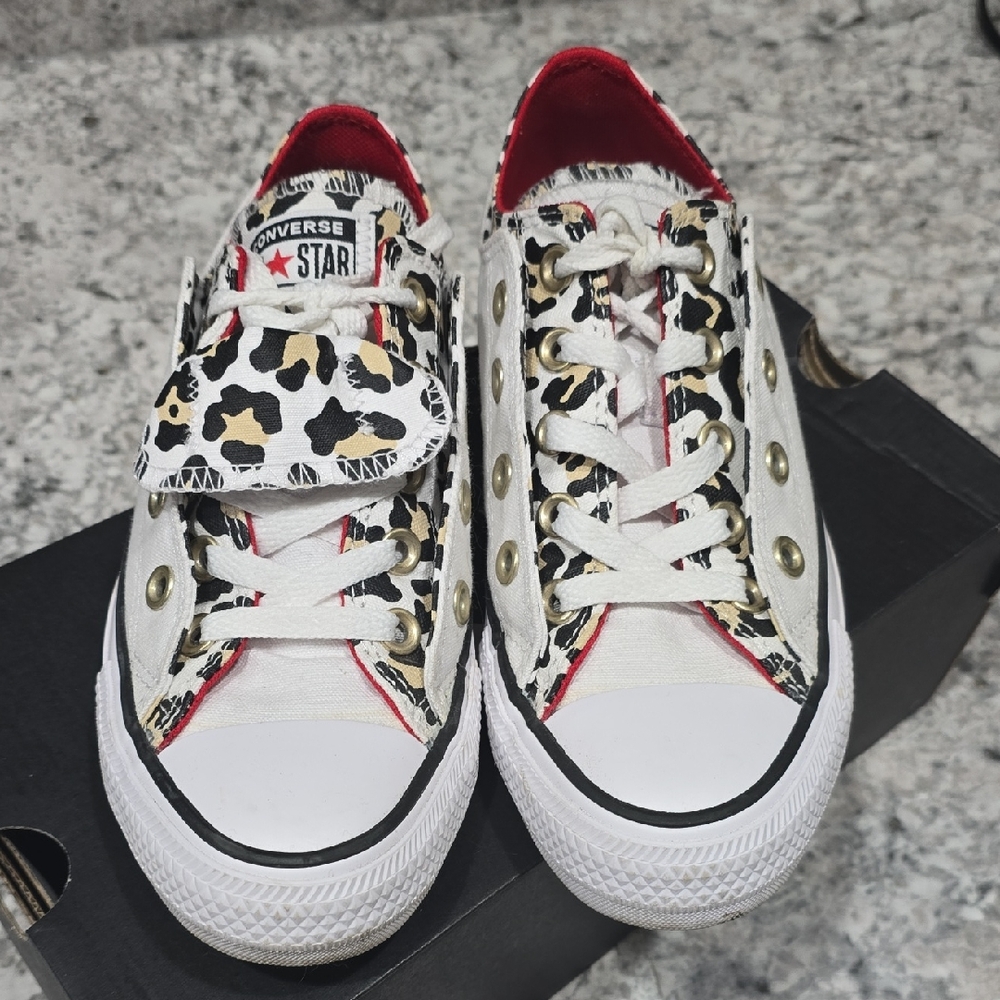 Converse Double Double White, Leopard Print Sneakers w/Red Accents, Size 6